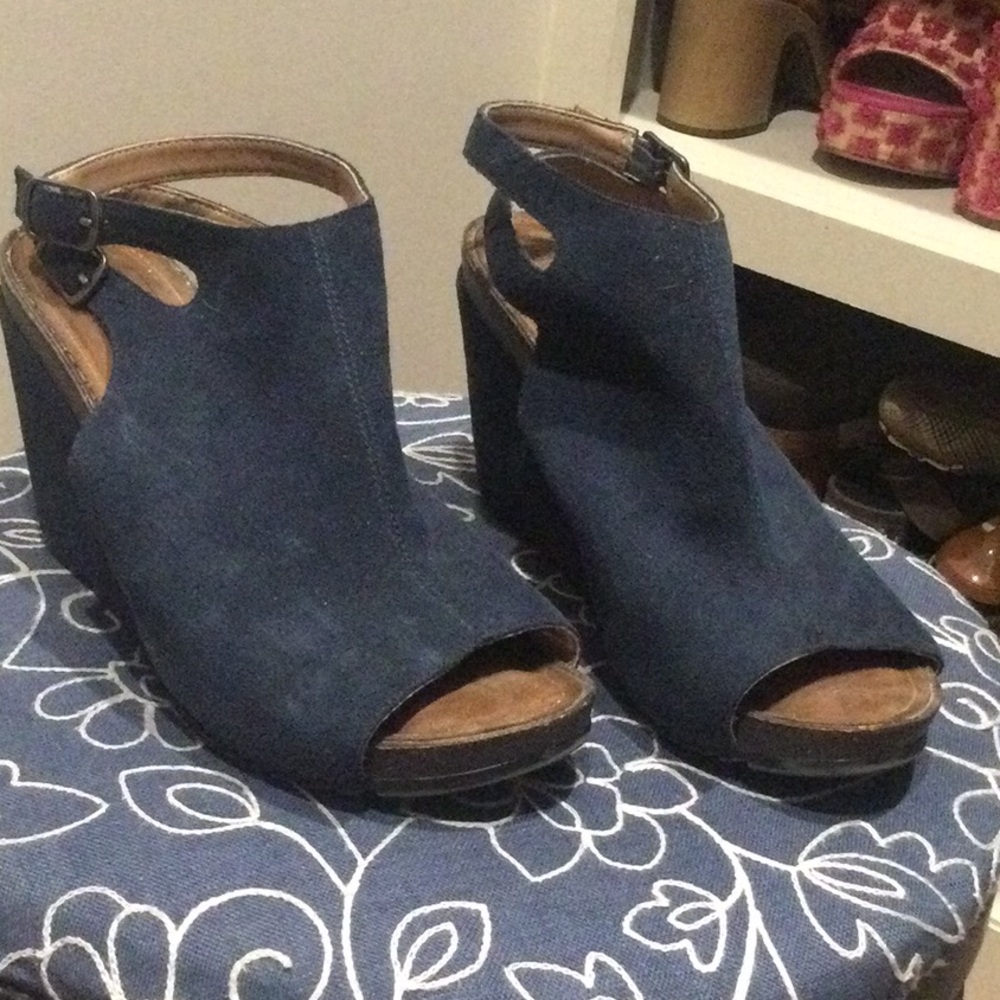 Women's Navy Blue Wedge Sandals - Open Toe Ankle Strap